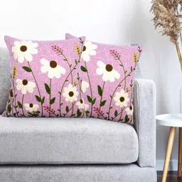 Vinayaka Fab Pink And Cream 2 Pieces Floral Embroidered Linen Square Cushion Covers-image-34