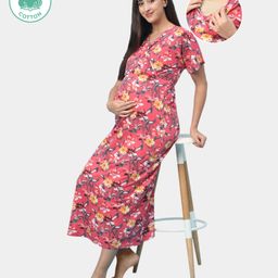 ECOMAMA Organic Cotton & Bamboo Antimicrobial Half Sleeves Maternity Nighty Floral Print - Pink-image-87