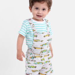Babyoye Organic Cotton Half Sleeves Tee & Dungaree Set Stripes & Car Print- Blue & Grey-image-97