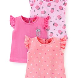 Babyhug 100% Cotton Frill Sleeves Tee With Popcorn & Dot Graphics Pack Of 3- Pink & Peach-image-37