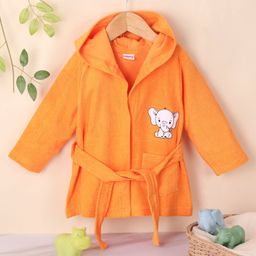 Babyhug Full Sleeves Bath Robe with Hood Elephant Patch - Orange-image-48