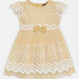 Bella Moda Cap Sleeves Striped Pattern And Swirl Design Embroidered Party Wear Dress  - Beige-picture-13