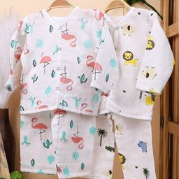 Mom's Home Pack Of 2 Organic Cotton Muslin Full Sleeves Forest Life Theme Printed Coordinating Jhabla Set - Pink & White-picture-6