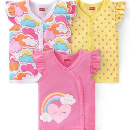Babyhug 100% Cotton Knit Frill Sleeves Vests Cloud & Heart Print Pack of 3 - Multicolour-image-34