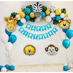 Surprise Decor Jungle Theme Birthday Decoration Items for Kids Party Decor with Animal Foil Balloons, Palm Leaves, HBD Banner, Gold Metallic, Silver Chrome, Blue & White Balloons- Set of 60pcs-2