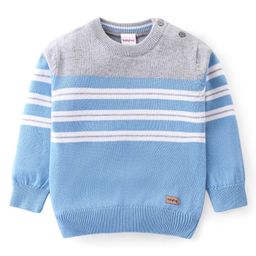 Babyhug Knitted Full Sleeves Pullover Striped Sweater - Blue & Grey-image-94