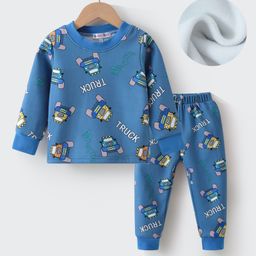 Kookie Kids Full Sleeves Winter Wear Night Suit With Monster Trucks Print - Blue-image-83