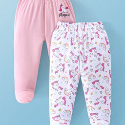 Doodle Poodle Interlock Cotton Knit Bootie Leggings with Unicorn Print Pack of 2 - White & Pink-image-78
