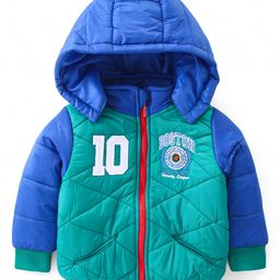 Babyhug Woven Full Sleeves Padded Hooded Jacket with Quilted Design & Placement Embroidery - Green & Blue-image-86