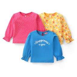 Babyhug Cotton Knit Full Bell Sleeves  Tops with Polka Dots Text & Floral Print Pack of 3 - Pink Blue & Yellow-image-16