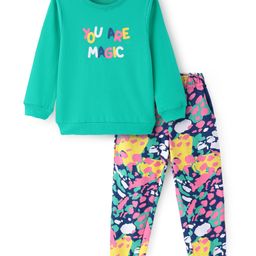 Pine Kids Heavy Gauge Premium Fabric Full Sleeves Text Printed Night Suit - Green & Navy Blue-image-69