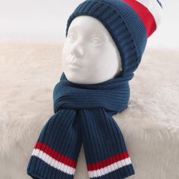 Pine Kids Knit Woollen Cap & Muffler with Colour Block Design Navy Blue & Red - Diameter 13.5 cm-picture-20