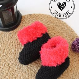 Woonie Crochet Faux Fur Booties - Black & pink-image-72