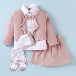 ToffyHouse Velvet Woven Full Sleeves Floral Printed Top & Skirt Set With Waistcoat & Stockings - White & Pink-image-18
