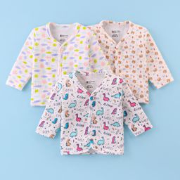 Bodycare Cotton Knit Full Sleeves Antibacterial Front Open Jhablas with Fish Bear & Dino Print Pack of 3 - White-image-7
