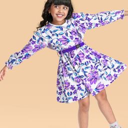 Ollington St. 100% Cotton Looper Knit Full Sleeves Frock with Floral Print & Frill Detailing - White & Purple-image-93