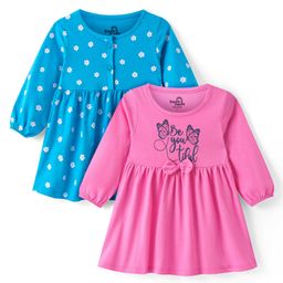 Doodle Poodle Cotton Knit Full Peasant Sleeves Frockswith Floral Print & Bow Applique Pack of 2 - Pink & Blue-image-19