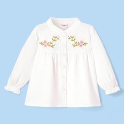 Babyhug Rayon Woven Full Sleeves Mandarin Collared Top with Floral Embroidery - White-image-80