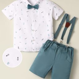 Mark & Mia Cotton Woven Half Sleeves Shirt with Shorts Set with Suspender & Bow and Beach Theme Print - White & Teal Blue-image-93
