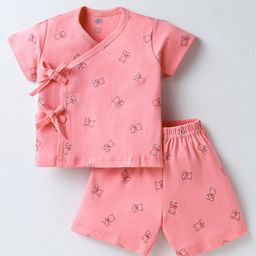 Zero Interlock Knit Half Sleeves Shorts Night Suit With Teddy Bear Print - Peach-image-90