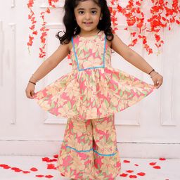 KID1 Cotton Sleeveless Floral Printed Gota Lace Embellished Kurta Sharara Set - Pink-image-74