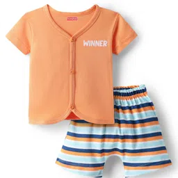 Babyhug Cotton Knit Front Open Half Sleeves Shorts Night Suit With Text Print - Orange-picture-1