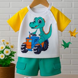 Babyhug Single Jersey Knit Half Raglan Sleeves T-Shirt & Shorts Set With Dino Print - White & Green-image-105