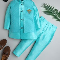 Ahhaaaa Velvet Full Sleeves Solid Kurta With Pant & Embroidered Jacket Set - Turquoise Blue-image-75