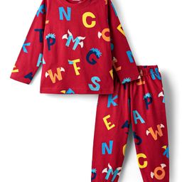 Babyhug Cotton Knit Full Sleeves Co-Ord Night Suit With Alphabet Print - Red-image-93