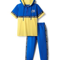 Pine Kids Cotton Knit Half Sleeves Cut & Sew Hooded T-Shirt & Lounge Pant Set with Text Print - Blue & Yellow-image-57