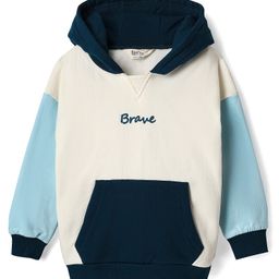 Bonfino 100% Cotton Fleece Knit Full Drop Shoulder Sleeves Hooded Sweatshirt with Kangaroo Pockets & Brave Text Print - Offwhite & Light Blue-image-62