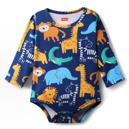 Babyhug 100% Cotton Interlock Knit Full Sleeves Onesie with Animal Print - Navy Blue-image-38