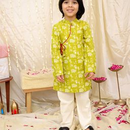 KID1 Cotton Woven Full Sleeves Baby Animals Printed Kurta Pyjama - Green-image-108