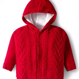 Babyhug Knit Full Sleeves Hooded Front Open Sweater with Cable Knit Design - Red-picture-35