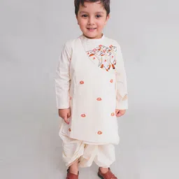 Tiber Taber 100% Cotton Woven Full Sleeves Cows Embroidered Dhoti Kurta Set - White-picture-49