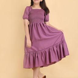 STARWORD Girls Print Smocked Square Neck Puff Sleeve Fit & Flare Cotton Midi Dress-picture-53
