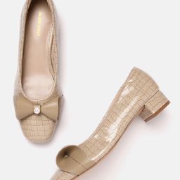 Allen Solly Women Croc Textured Block Heel Pumps with Bow Detail-10