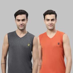 Vimal Jonney Anthra Grey & Rust Sleeveless Lounge T-Shirt - Pack of 2-image-46