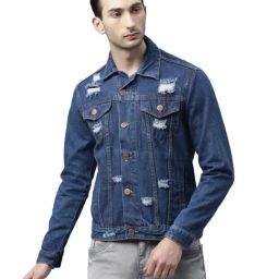CINOCCI Blue Cotton Slim Fit Distressed Denim Jacket-picture-17