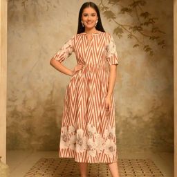 DECKEDUP Brown Cotton Printed Short Sleeves Dress-image-76