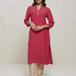 Artagai Tea Berry Stylised Neck Kurta with Sequin Embellishment-image-26