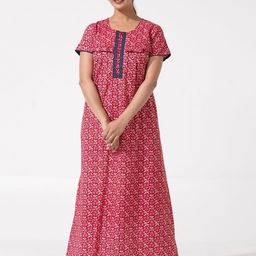 Maybell Women Ethnic Motifs Printed Round Neck Pure Cotton Maxi Nightdress-image-17
