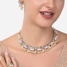 Zaveri Pearls Blue & Pink Meenakari Lotus Design Choker Necklace Earring & Ring Set-ZPFK14435-37