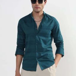 Showoff Turquoise Blue Cotton Slim Fit Striped Shirt-image-7