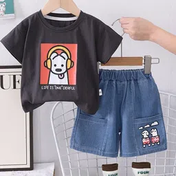 POP STREET Boys Graphic Printed Round Neck T-shirt With Denim Short-image-63
