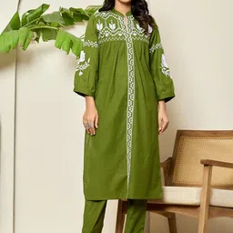 ADAA JAIPUR Geometric Embroidered Mandarin Collar Pure Cotton Kurta with Trouser-image-6