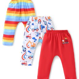 Babyhug Cotton Knit Full Length Diaper Pants Striped & Car Print Pack Of 3 - Red & White-image-91