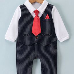 Mark & Mia Full Sleeves Party Wear Romper With Tie Striped - White & Blue-image-54