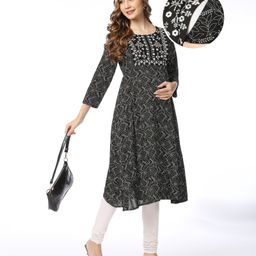 Bella Mama 100% Viscose Woven Floral Print With Embroidered Yoke Three Fourth Sleeves Maternity Kurta With Pocket - Black-picture-18