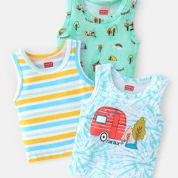 Babyhug 100% Cotton Knit  Sleeveless Sando Striped & Vehicle Pack of 3- Multicolor-image-93